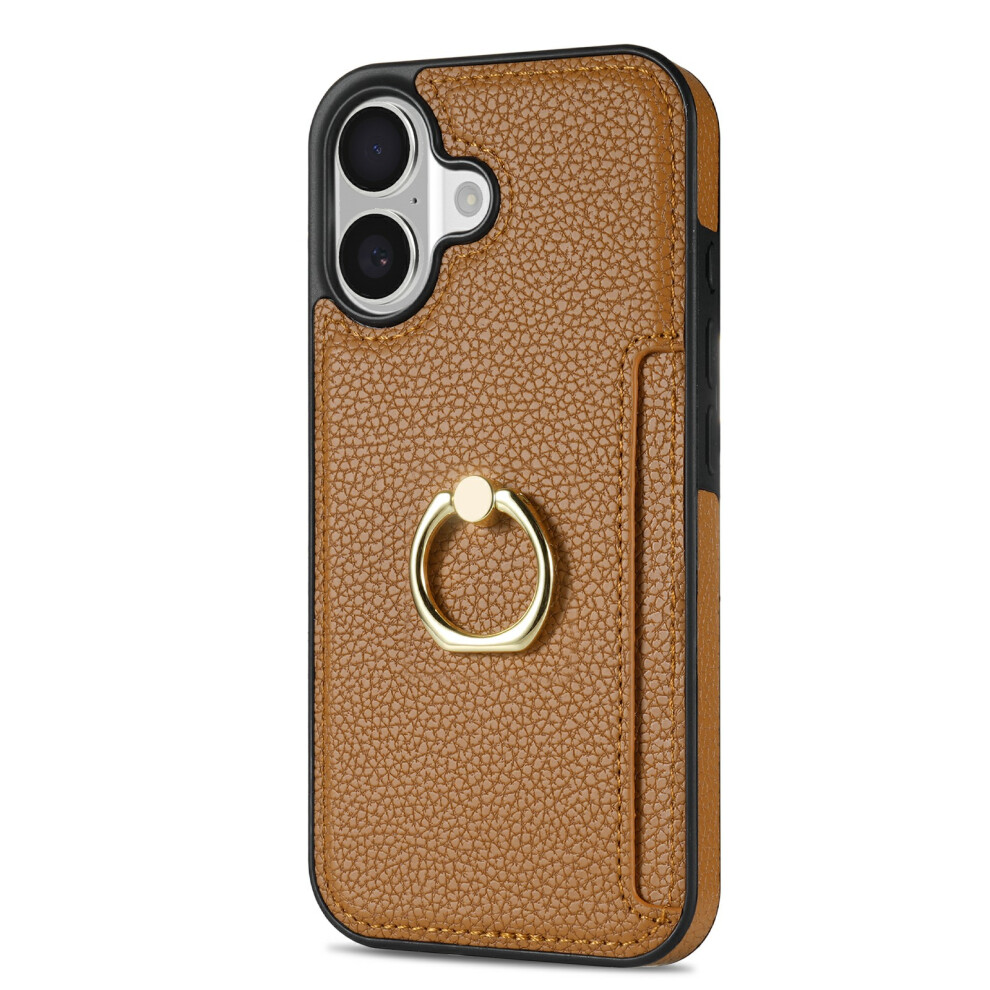 (Iphone 17, ) For Iphone 17 Case Ring Kickstand Pu+Tpu Card Holder Phone Cover Brown 6914286026736