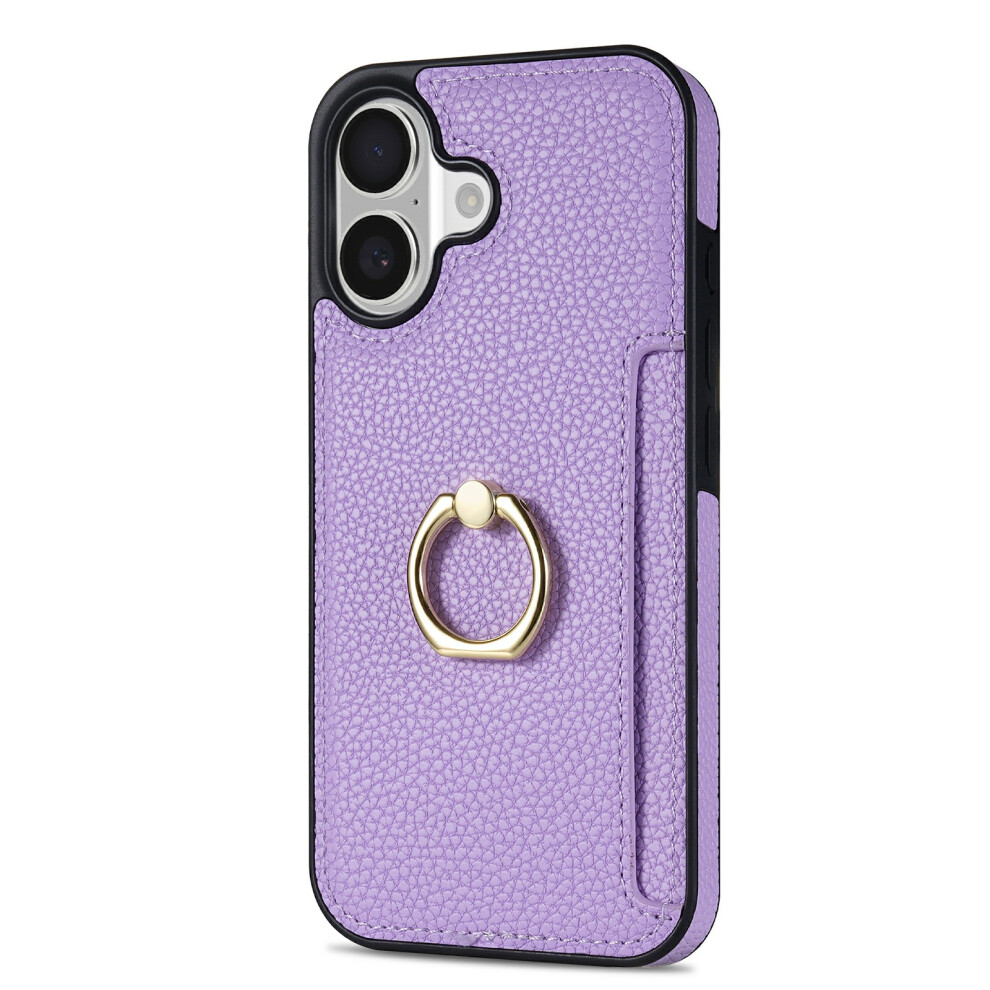 (iPhone 17, Purple) For iPhone 17 Case Ring Kickstand PU+TPU Card Holder Phone Cover