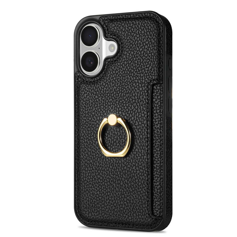 (Iphone 17, ) For Iphone 17 Case Ring Kickstand Pu+Tpu Card Holder Phone Cover Black 6914288973601