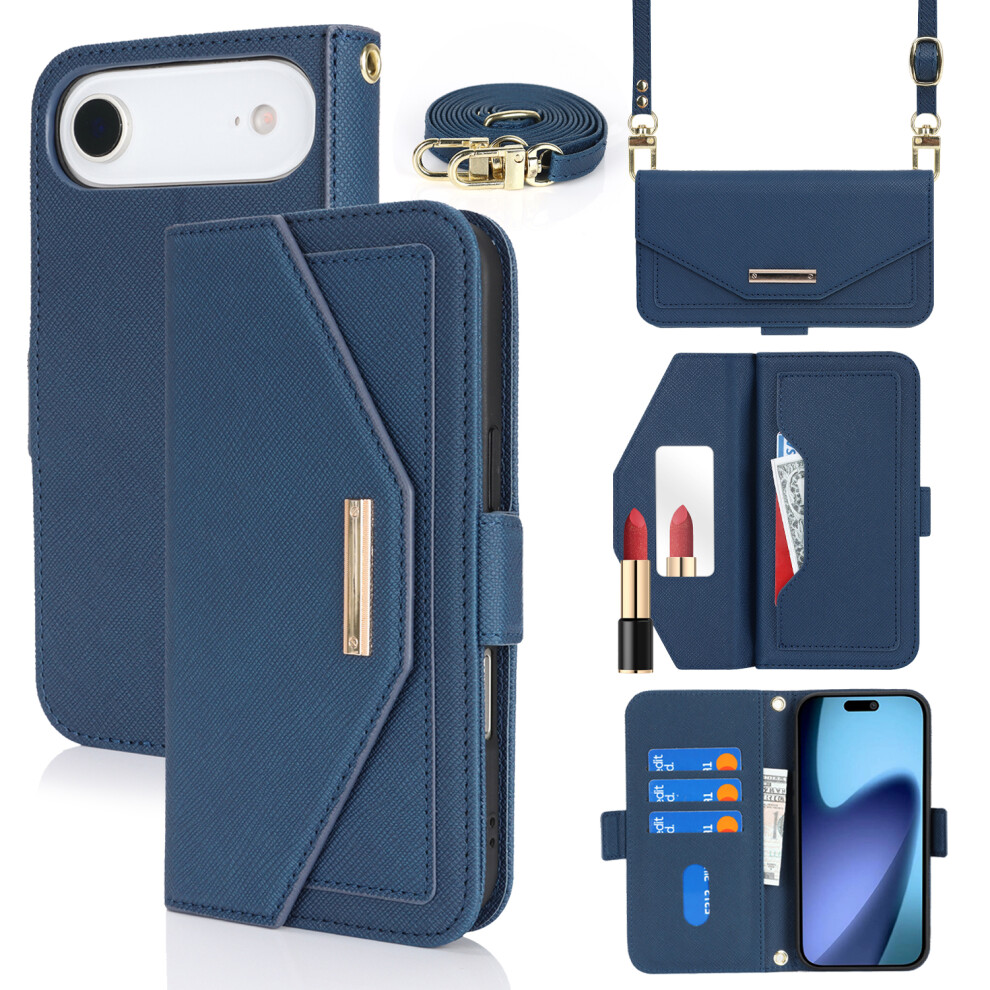 (Iphone Air, ) For Iphone Air Stand Case Cross Texture Pu Leather Wallet Phone Cover With Shoulder Strap/Makeup Mirror Blue 6914281123980