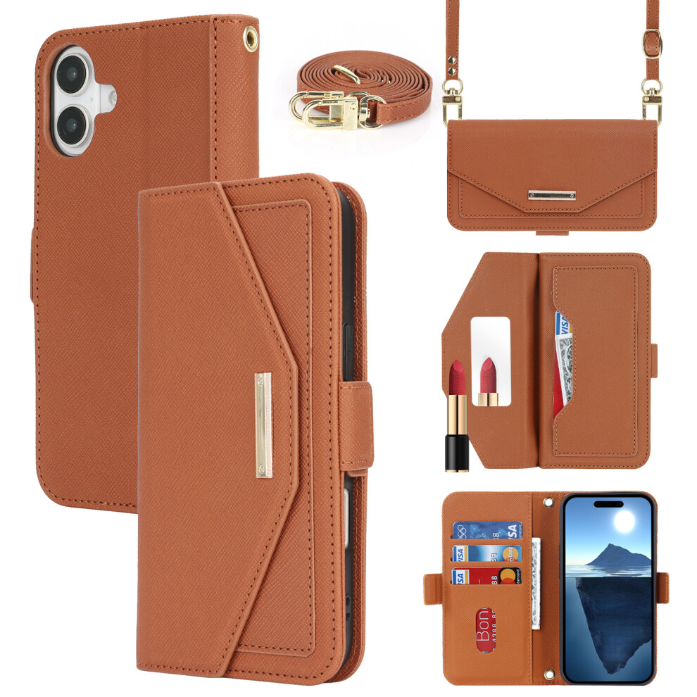 (Iphone 17, ) For Iphone 17 Stand Case Cross Texture Pu Leather Wallet Phone Cover With Shoulder Strap/Makeup Mirror Brown 6914282083757