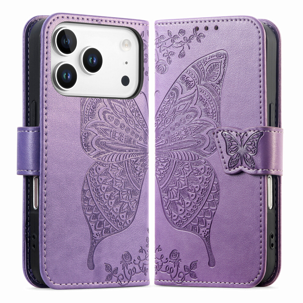 (Iphone 17 Pro, Light ) For Iphone 17 Pro Case With Strap Butterfly Pattern Pu Leather Wallet Phone Cover Purple 6914286472854