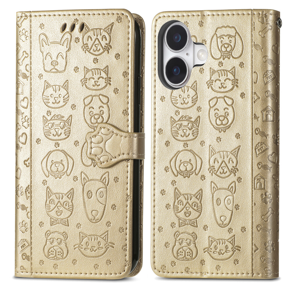 (Iphone 17, ) For Iphone 17 Case Flip Wallet Leather Phone Cover With Cute Cat Dog Pattern Gold 6914281814901