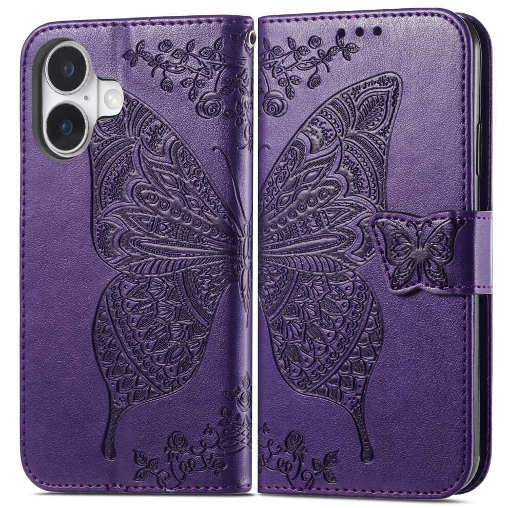 (Iphone 17, Dark ) For Iphone 17 Case With Strap Butterfly Pattern Pu Leather Wallet Phone Cover Purple 6914283679348