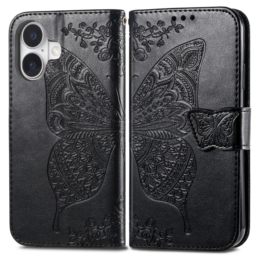 (Iphone 17, ) For Iphone 17 Case With Strap Butterfly Pattern Pu Leather Wallet Phone Cover Black 6914280735894