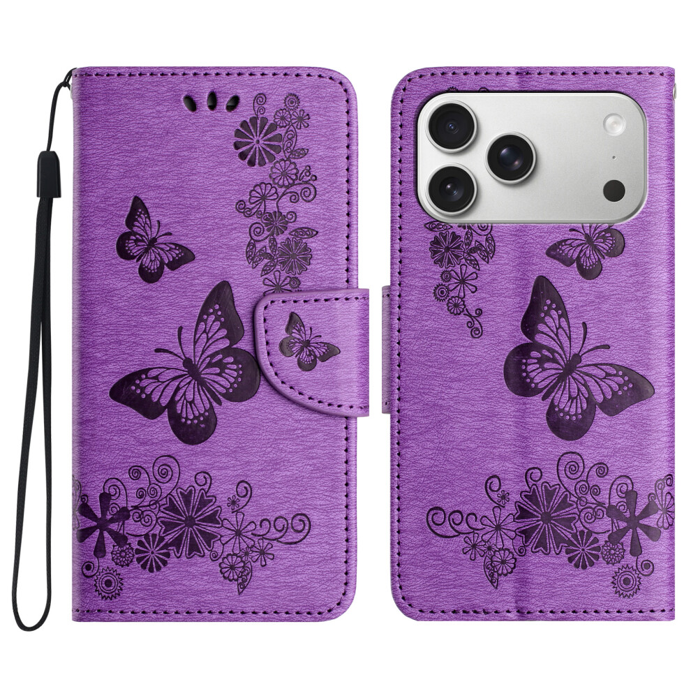(Iphone 17 Pro, ) For Iphone 17 Pro Case Butterflies Flower Leather Wallet Flip Phone Cover Purple 6914283853274