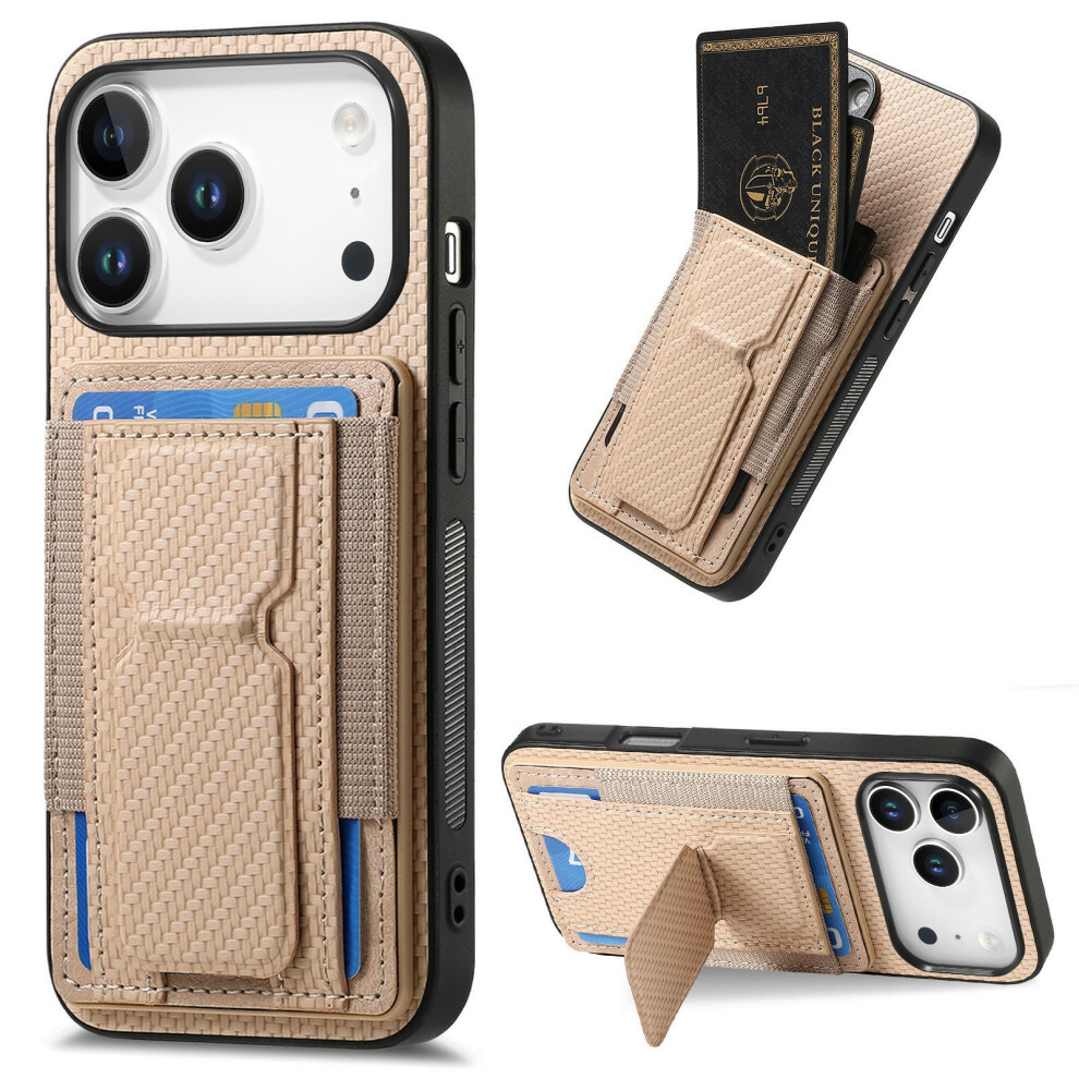 (Iphone 17 Pro Max, Beige) For Iphone 17 Pro Max Case With Card Holder Kickstand Fiber Pattern Leather Back Cover Cream 6914283822508