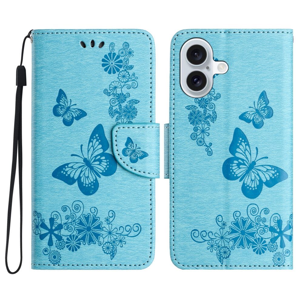 (Iphone 17, ) For Iphone 17 Case Butterflies Flower Leather Wallet Flip Phone Cover Blue 6914281092798