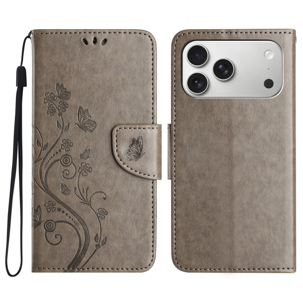 (Iphone 17 Pro Max, ) For Iphone 17 Pro Max Case Imprinted Mini Butterfly Leather Wallet Phone Cover Grey 6914285270321