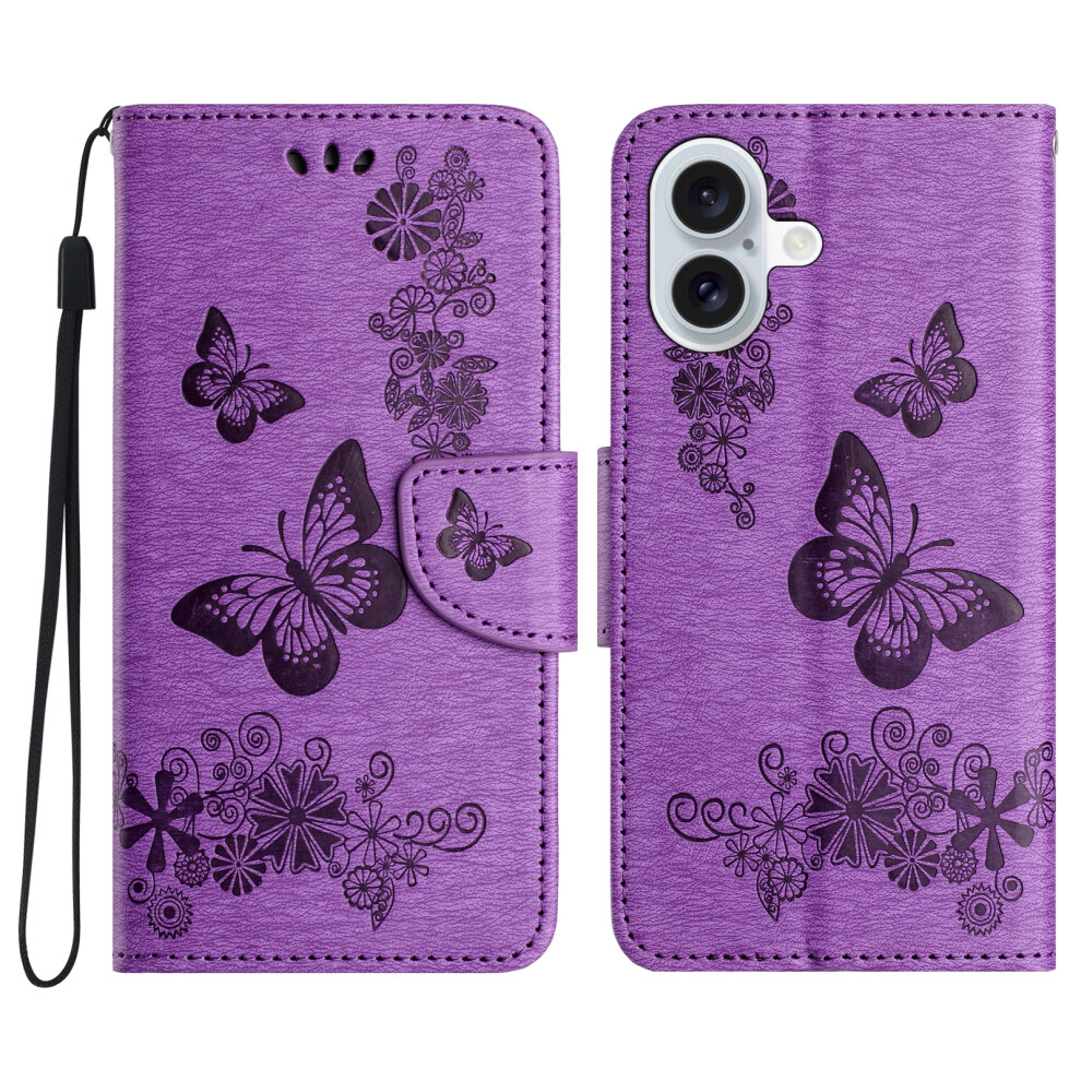 (Iphone 17, ) For Iphone 17 Case Butterflies Flower Leather Wallet Flip Phone Cover Purple 6914282052579