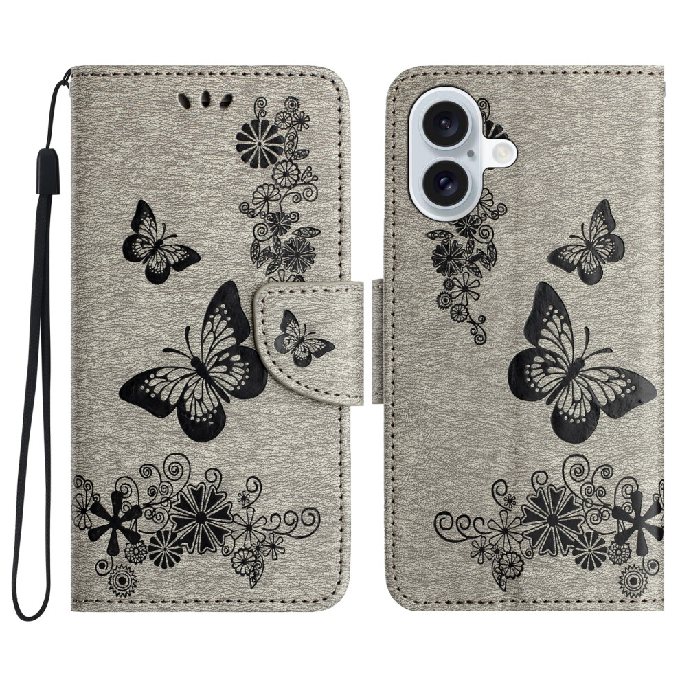 (Iphone 17, ) For Iphone 17 Case Butterflies Flower Leather Wallet Flip Phone Cover Grey 6914280984940