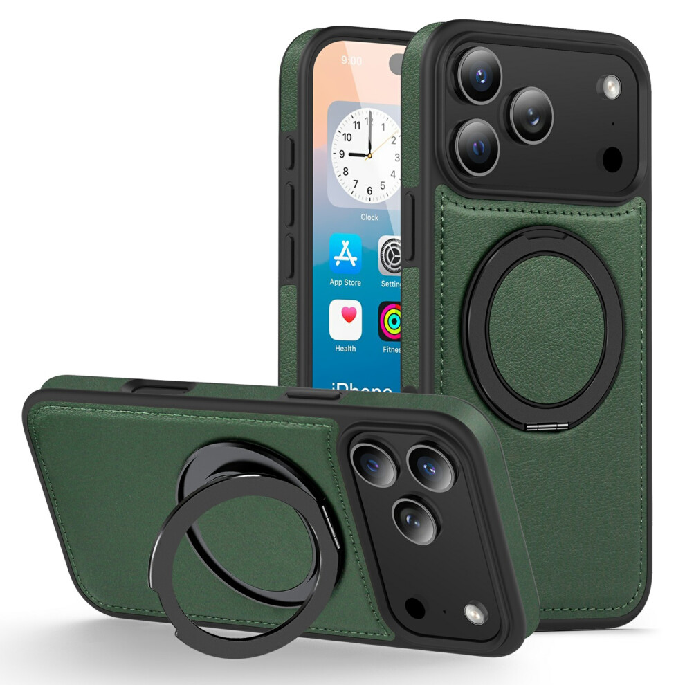 (Iphone 17 Pro, Blackish ) For Iphone 17 Pro Case With Ring Kickstand Compatible With Magsafe Pu Leather Back Cover Green 6914281845028