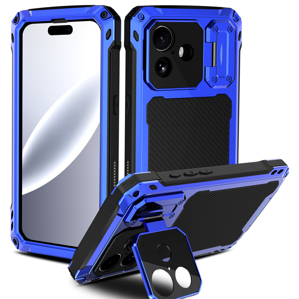 (Iphone 17, ) For Iphone 17 Case Aluminum Alloy+Silicone Lens Kickstand Phone Cover With Tempered Glass Film Blue 6914286601285