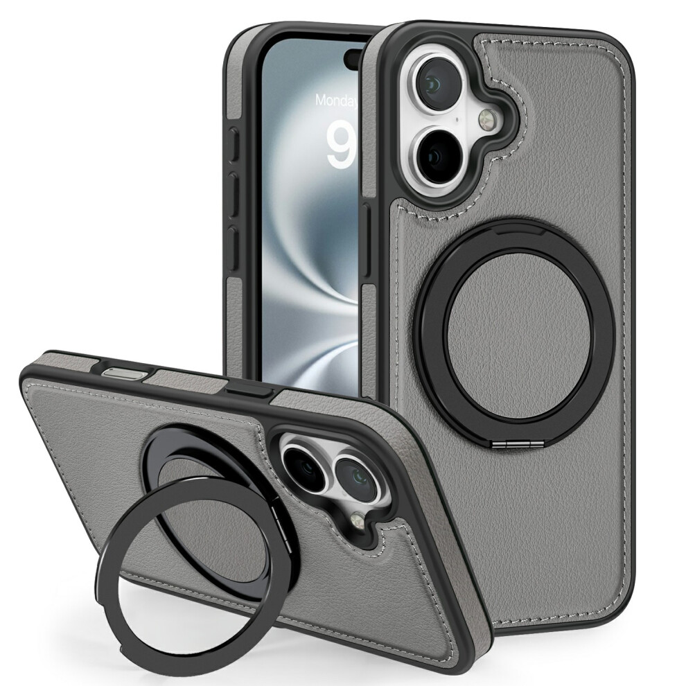 (Iphone 17, Titanium ) For Iphone 17 Case With Ring Kickstand Compatible With Magsafe Pu Leather Back Cover Grey 6914282282761