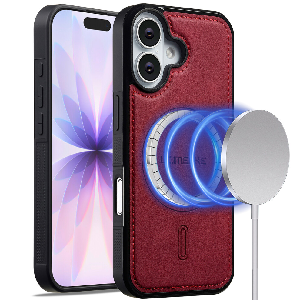 (Iphone 16, ) Lc.imeeke L6 For Iphone 16 Case Pu Leather Coated Pc Tpu Phone Cover Compatible With Magsafe Red 6914287929357