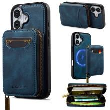 (iPhone 16 Plus, Blue) LC.IMEEKE L6 For iPhone 16 Plus Magnetic Case Detachable Zipper Wallet Leather Coated PC+TPU Phone Cover