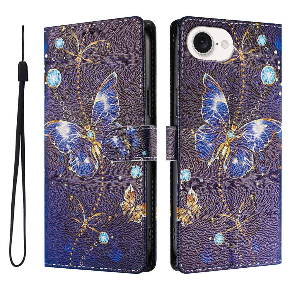 (Iphone 16E, Butterfly) For Iphone 16E Case Pattern Print Pu Leather Wallet Phone Cover With Wrist Strap Blue 6914286728906