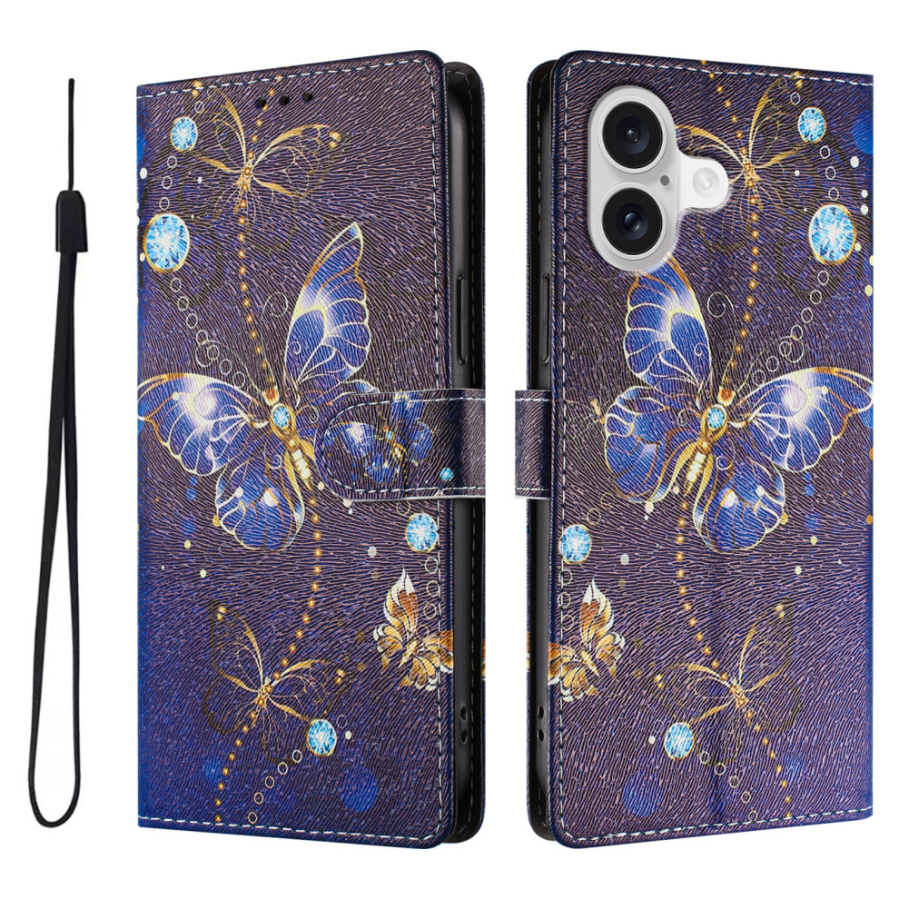 (Iphone 17, Butterfly) For Iphone 17 Case Pattern Print Pu Leather Wallet Phone Cover With Wrist Strap Blue 6914283667307