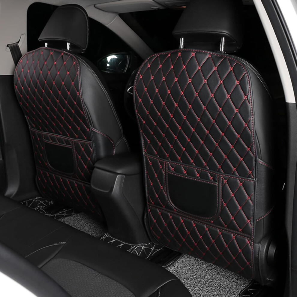 2Pcs Car Seat Kick Mats For Bmw M6 E24 E63 F12 1983-2010, Waterproof Leather Protector With Storage Pockets, C-+ Red/Black 6038364192318