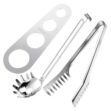 Stainless Steel Spaghetti Ruler Pasta Tongs and Spoon Set for Measuring Noodles with Comfortable Grip and Easy Clean Design