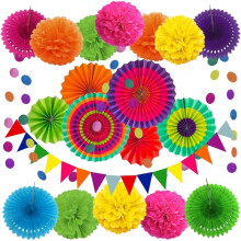 Party Decoration, 21 Pcs Multi-color Hanging Paper Fans, Pom Poms Flowers, Garlands String Polka Dot