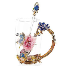 Beautiful Gift Enamel Clear Glass Coffee Mug Tea Water Cup with Spoon Handmade Butterfly Rose Gift Set (Blue Rose)