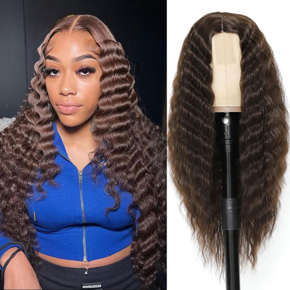Clione Brown Curly Lace Front Wigs 28"" Synthetic Curly Wig Long Deep Wave La