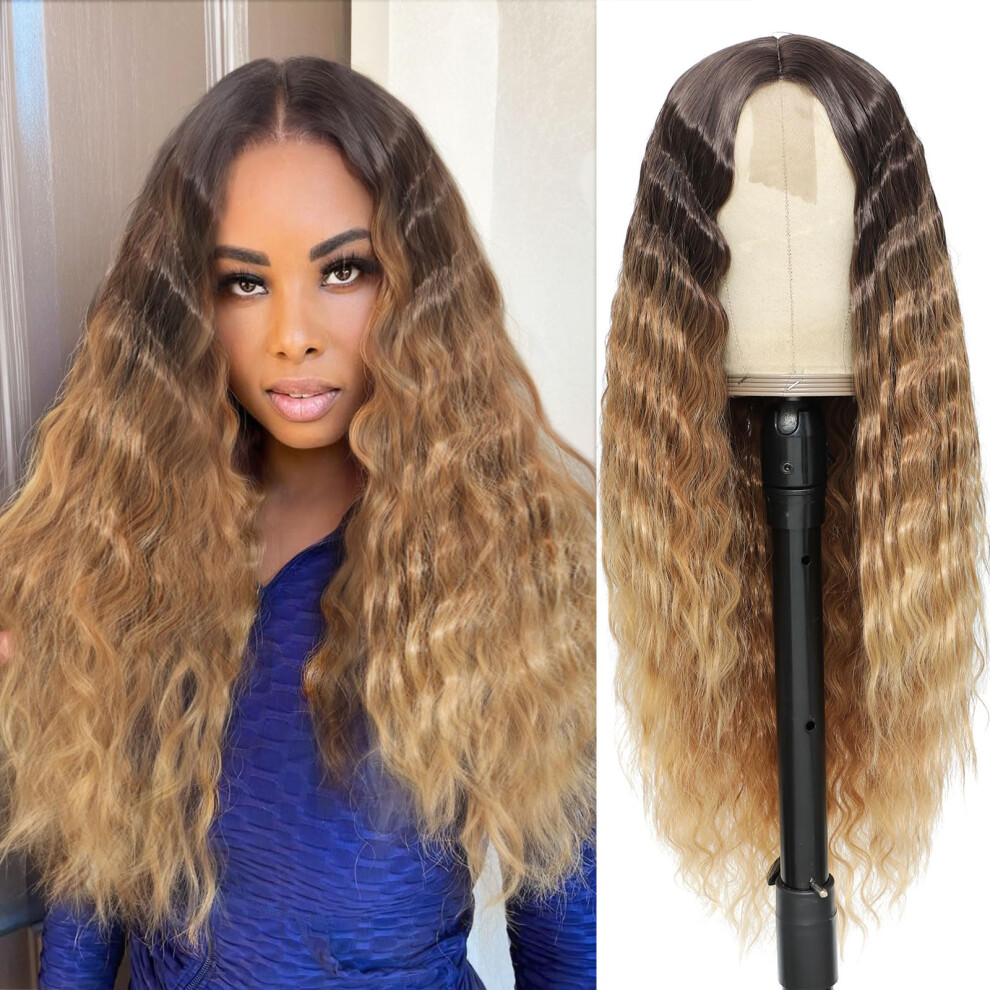 Clione Ombre Synthetic Curly Wig 28"" Long Deep Wave Lace Front Wigs For Women Honey Blonde Curly Lace Wig 4"" Fake Scalp Natural Crimps Curls Rt4/3027#