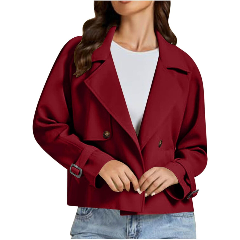 (L, 001 Wine) Women's Jackets Cropped Trench Coats Lapel Double Breasted Blazer Long Sleeve Casual Jacket Button Down Peacoat Trench Jackets Overcoat