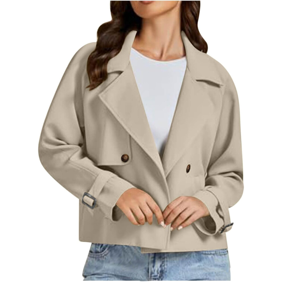 (M, 001 Khaki) Women's Jackets Cropped Trench Coats Lapel Double Breasted Blazer Long Sleeve Casual Jacket Button Down Peacoat Trench Jackets Overcoat