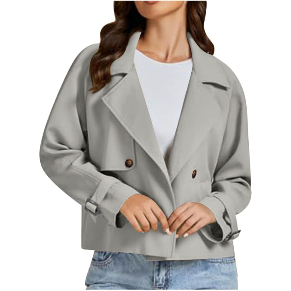 (L, 001 Gray) Women's Jackets Cropped Trench Coats Lapel Double Breasted Blazer Long Sleeve Casual Jacket Button Down Peacoat Trench Jackets Overcoat