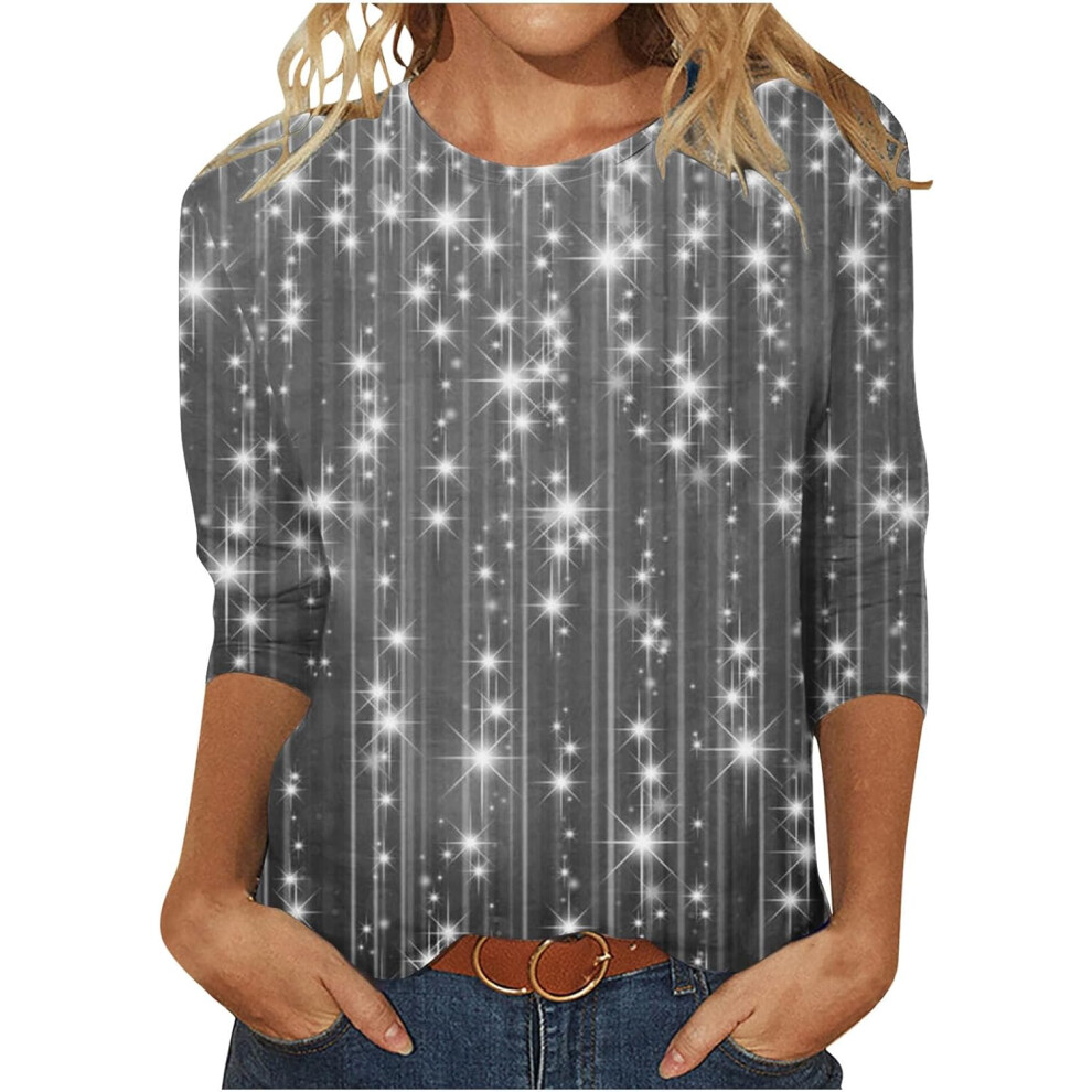 (10, 035* Silver) Womens Tops 3/4 Sleeve Shirts Round Neck Dressy Casual Blouses Glitter Sequin Print Tshirts Fall Cute Tunic Tops Basic Tees Blouse L-image-OPC-PKCZWJR-NEW