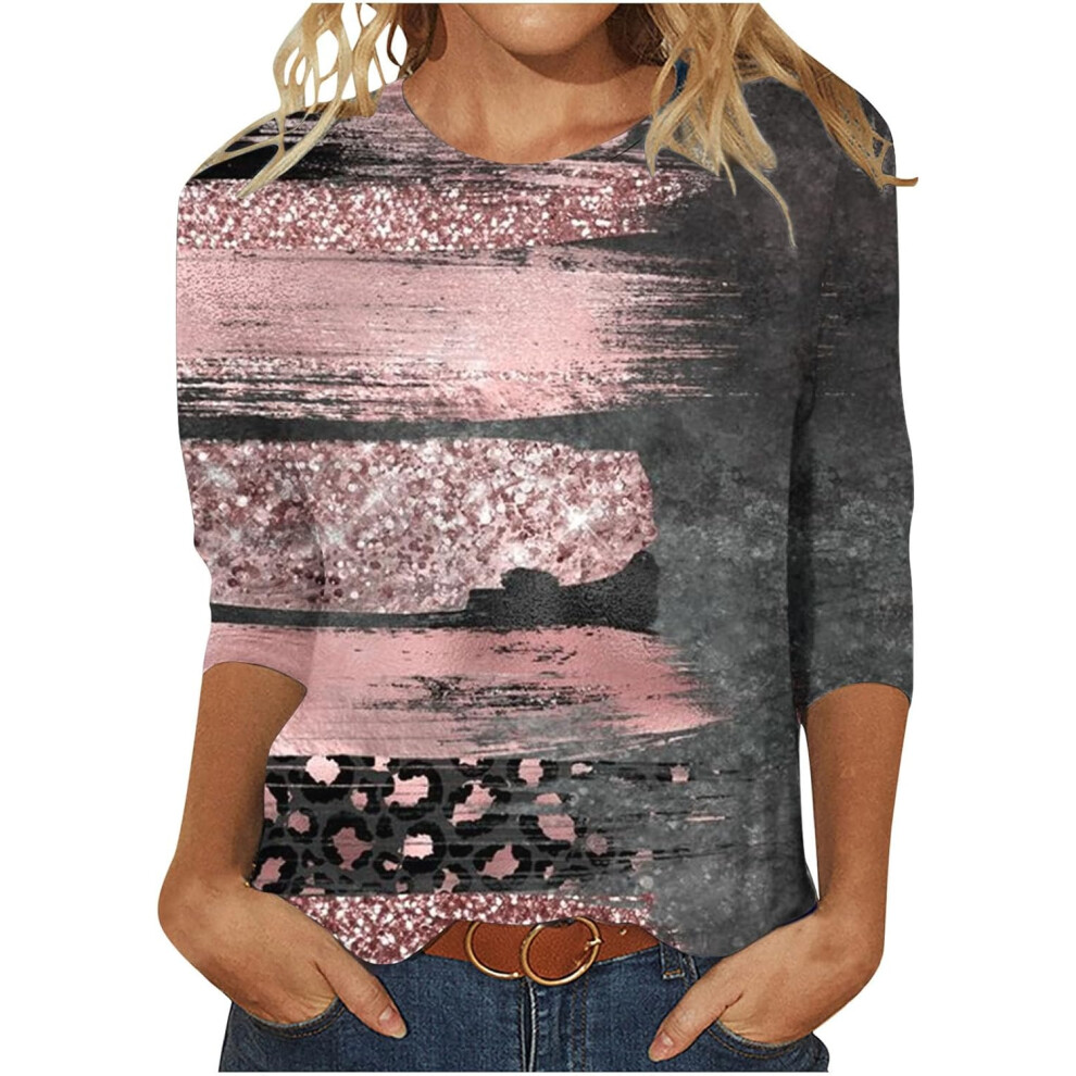 (12, 001* Pink) Womens Tops 3/4 Sleeve Shirts Round Neck Dressy Casual Blouses Glitter Sequin Print Tshirts Fall Cute Tunic Tops Basic Tees Blouse Loo-image-OPC-PKCZWJX-NEW