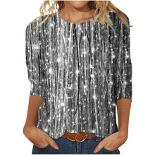 (16, 033* Silver) Womens Tops 3/4 Sleeve Shirts Round Neck Dressy Casual Blouses Glitter Sequin Print Tshirts Fall Cute Tunic Tops Basic Tees Blouse Loose Fit Pullover