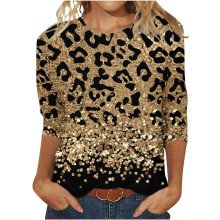 (20, 026* Gold) Womens Tops 3/4 Sleeve Shirts Round Neck Dressy Casual Blouses Glitter Sequin Print Tshirts Fall Cute Tunic Tops Basic Tees Blouse Loose Fit Pullover