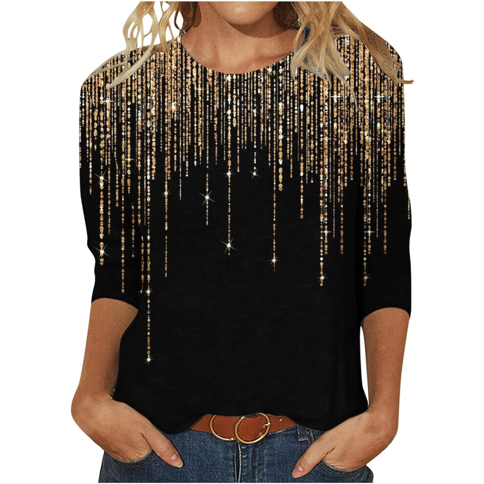 (8, 018* Black) Womens Tops 3/4 Sleeve Shirts Round Neck Dressy Casual Blouses Glitter Sequin Print Tshirts Fall Cute Tunic Tops Basic Tees Blouse Loo-image-OPC-PKCZWWS-NEW