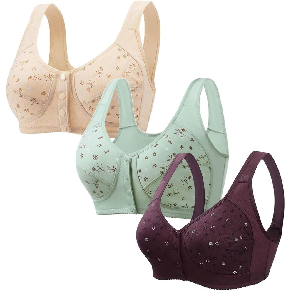 (M, 003* Khaki) Women's Bras 3 Pack Sports Bras Front Closure Bras Push Up Bra No Underwire Plus Size Front Button Bra Comfortable Breathable Plus Siz-image-OPC-PKCZY2H-NEW