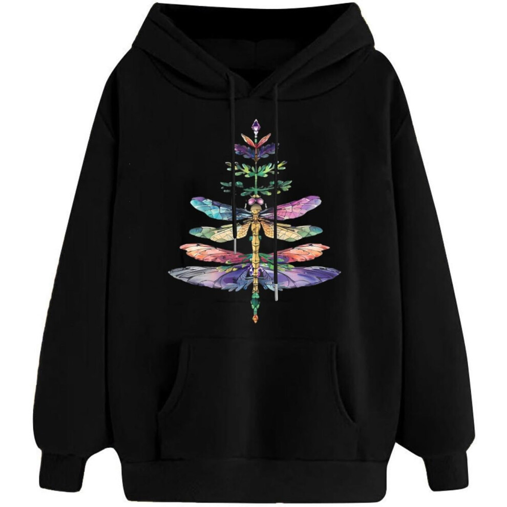 (XXL, 01* Black) Hoodies for Women UK Ladies Tops Oversized Sweatshirts Novelty Graphic Pullover Drawstring Long Sleeved Hooded Sweatshirt Lightweight