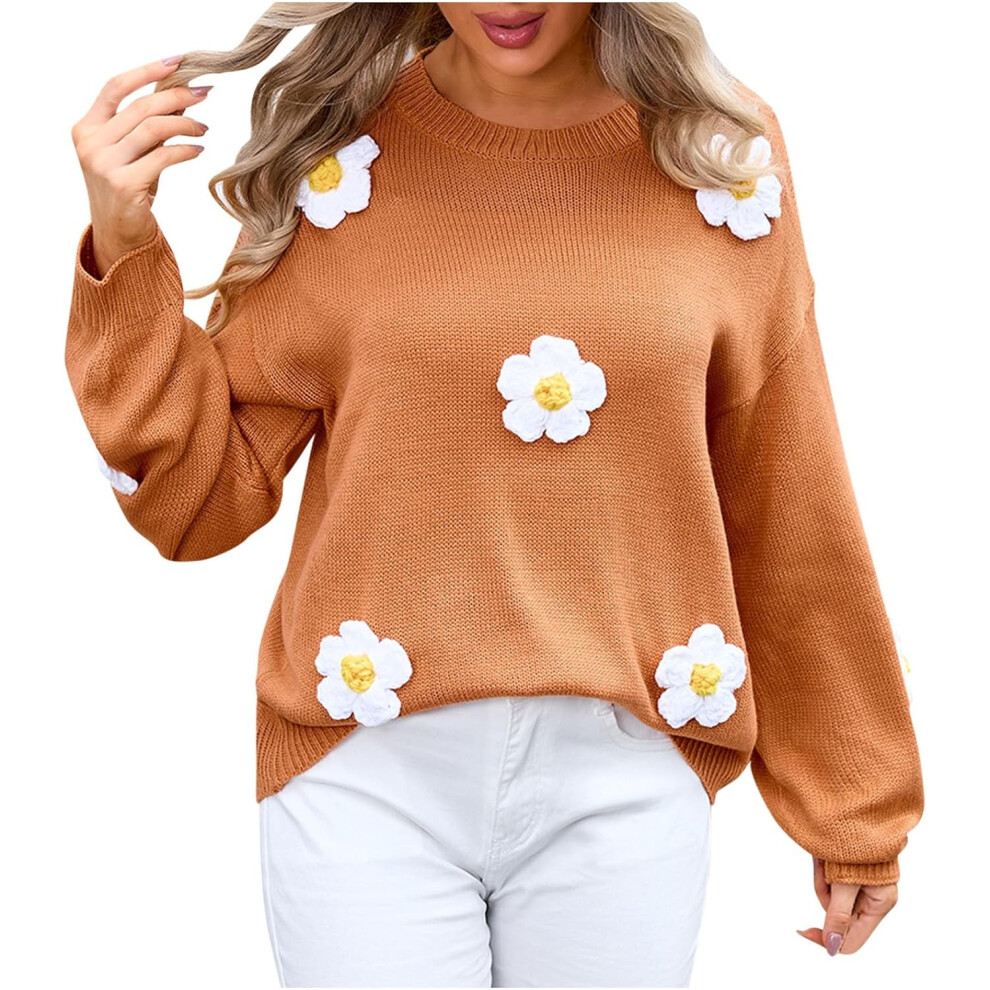 (L, 001* Brown) Womens Sweaters Clearance Ladies Jumpers Casual Striped Flower Embroidery Crewneck Knit Sweater Cute Elegant Soft Long Sleeve Jumper Shirts Lightweigh