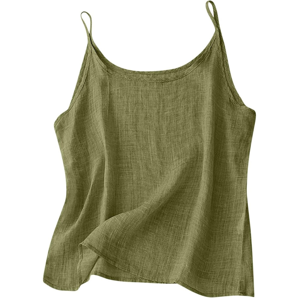 (12, 006* Army Green) Camisole Tops for Women Cotton Linen Vest Tops Summer Tank Top Ladies Sleeveless Spaghetti Strap Cami Shirs Crewneck Crop Top Pl