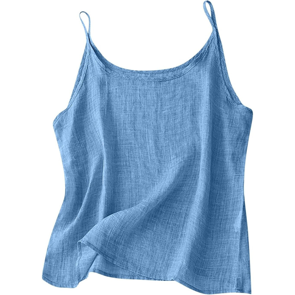 (12, 006* Sky Blue) Camisole Tops for Women Cotton Linen Vest Tops Summer Tank Top Ladies Sleeveless Spaghetti Strap Cami Shirs Crewneck Crop Top Plus