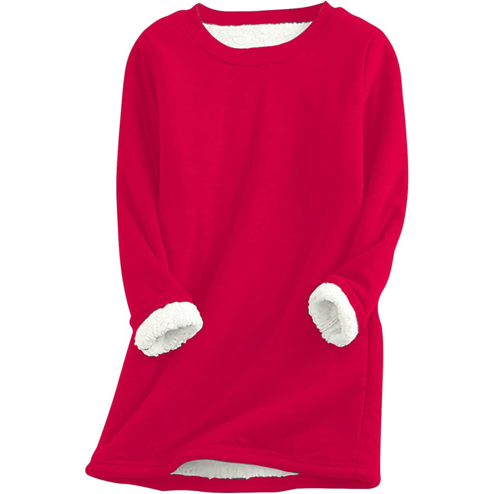 (XL, 001* Red) Sweatshirts for Women UK Ladies Plush Jumpers Sherpa Fleece Lined Sweatshirt Crewneck Casual Long Sleeve Pullover Plus Size Shirts Ther