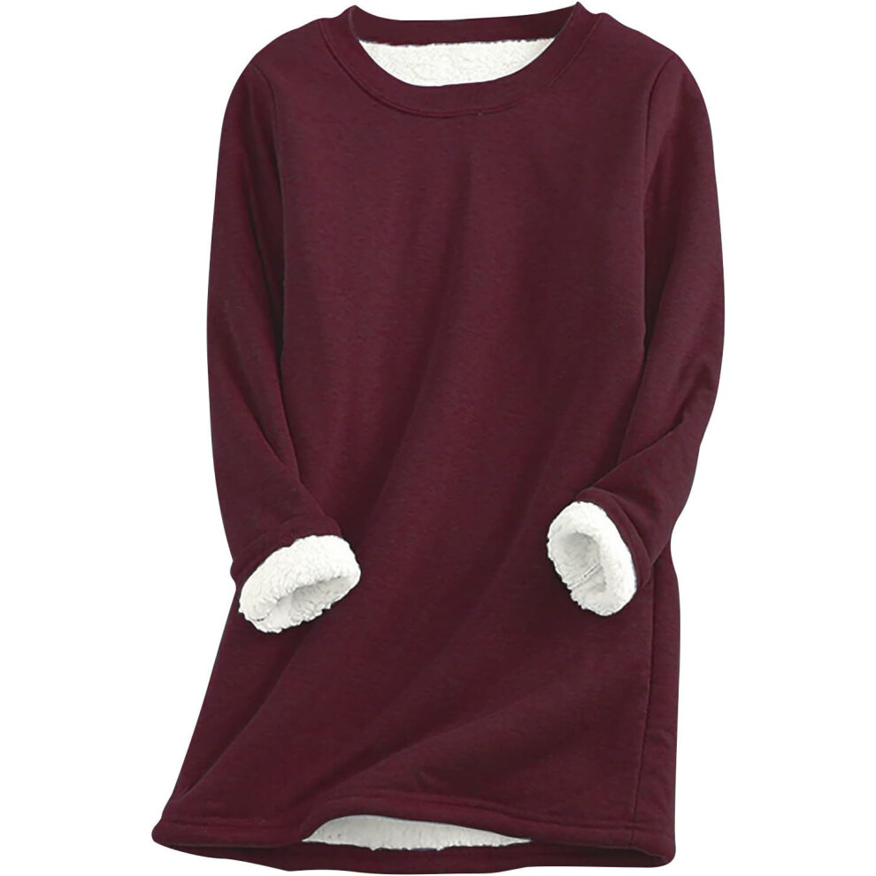 (S, 001* Wine) Sweatshirts for Women UK Ladies Plush Jumpers Sherpa Fleece Lined Sweatshirt Crewneck Casual Long Sleeve Pullover Plus Size Shirts Ther