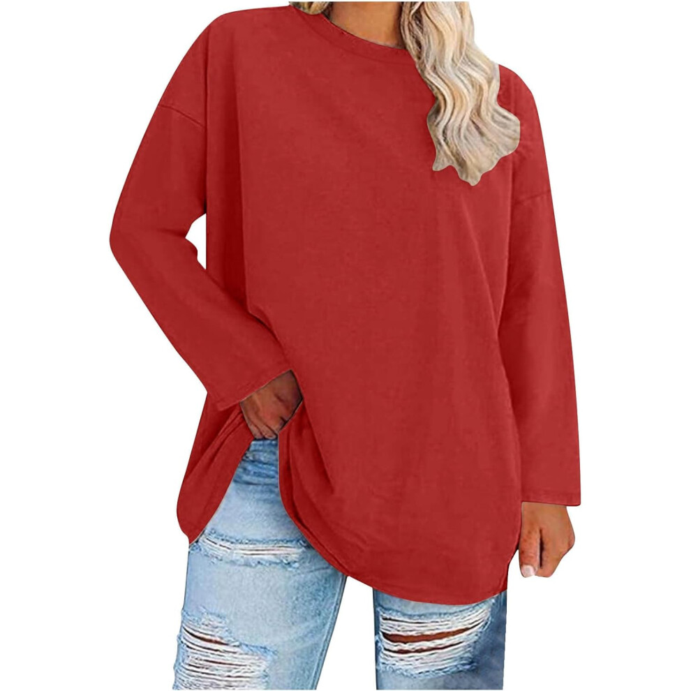 (16, 001* Red) Womens Tops Oversized Sweatshirts Lightweight Long Sleeve Shirts for Women Fall Tunic Tops Casual Pullover Blouse Loose Fit Tees Baggy