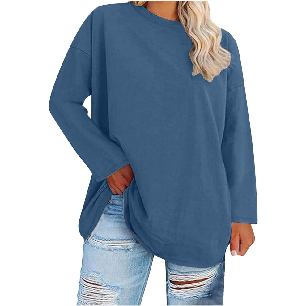 (16, 001* Sky Blue) Womens Tops Oversized Sweatshirts Lightweight Long Sleeve Shirts for Women Fall Tunic Tops Casual Pullover Blouse Loose Fit Tees B
