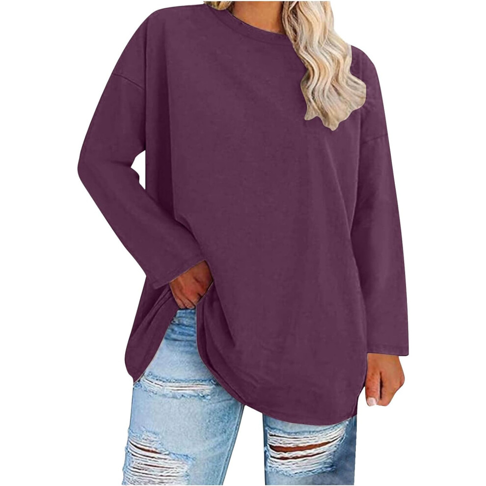 (22, 001* Purple) Womens Tops Oversized Sweatshirts Lightweight Long Sleeve Shirts for Women Fall Tunic Tops Casual Pullover Blouse Loose Fit Tees Bag