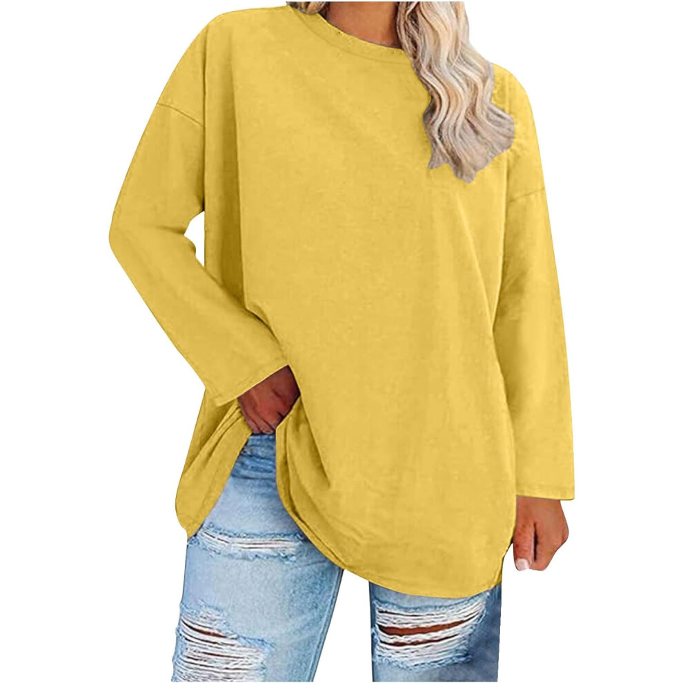 (22, 001* Yellow) Womens Tops Oversized Sweatshirts Lightweight Long Sleeve Shirts for Women Fall Tunic Tops Casual Pullover Blouse Loose Fit Tees Bag