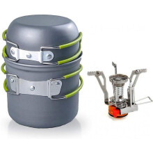 Outdoor Camping Cookware Backpacking Bowl Pot+ Mini Canister Stove Burner Foldable (2 pieces set)