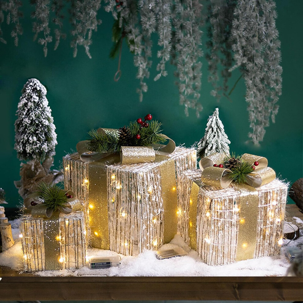 (C) Christmas Decorations Christmas Ornaments Xmas Gifts 3PCS Luminous Christmas Iron Decorative Box, Shopping Window Gift Box, Christmas Tree Decorat