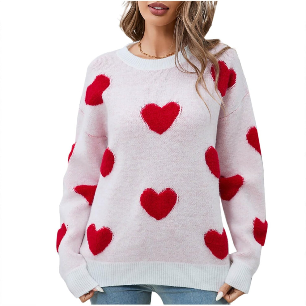 New Women's (12, 003* ) Jumpers For Uk Clearance Sweaters Cute Heart Printed Casual Long Sleeve Shirts Tops Loose Crewneck Knit Cozy Pullo Red